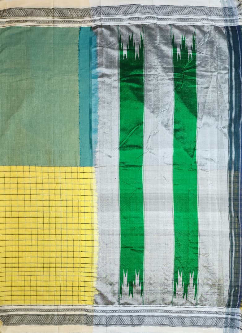 Yellow Ilkal Cotton Handloom Checks Saree