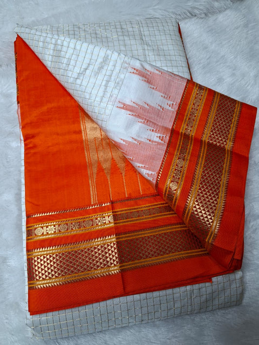 White-red Ilkal Gadwal Pure silk Saree-Malabar Edition