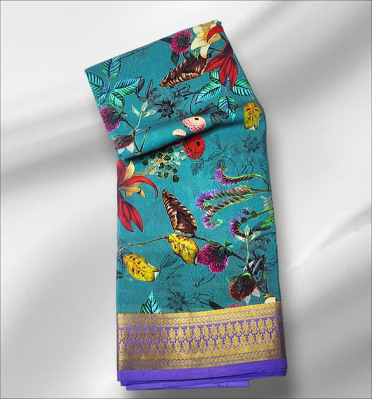 Teal Floral Print Mysore Silk Saree