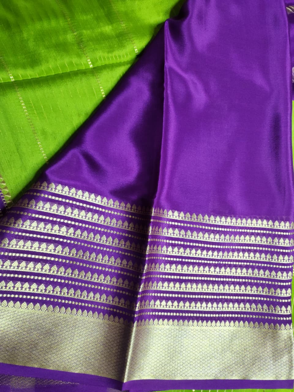 Parrot Green Mysore Silk Saree with with purple and pink border