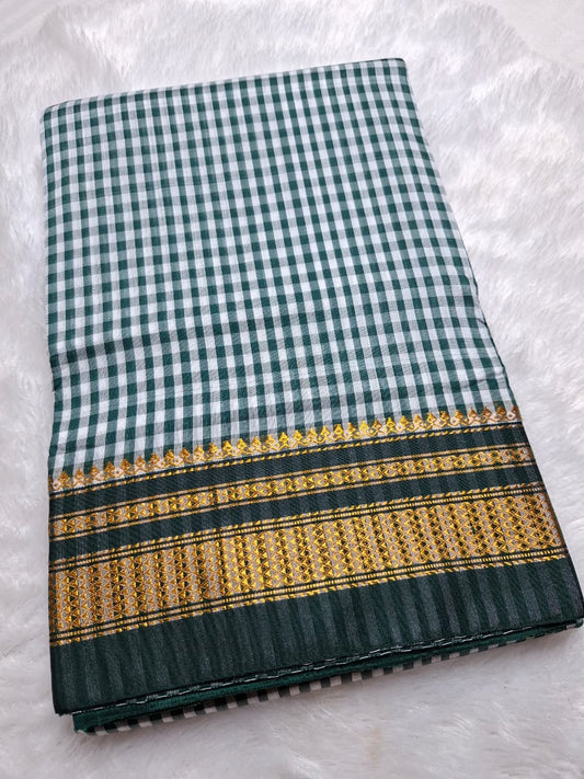 Bottle Green & White Ilkal Mini Checks Saree