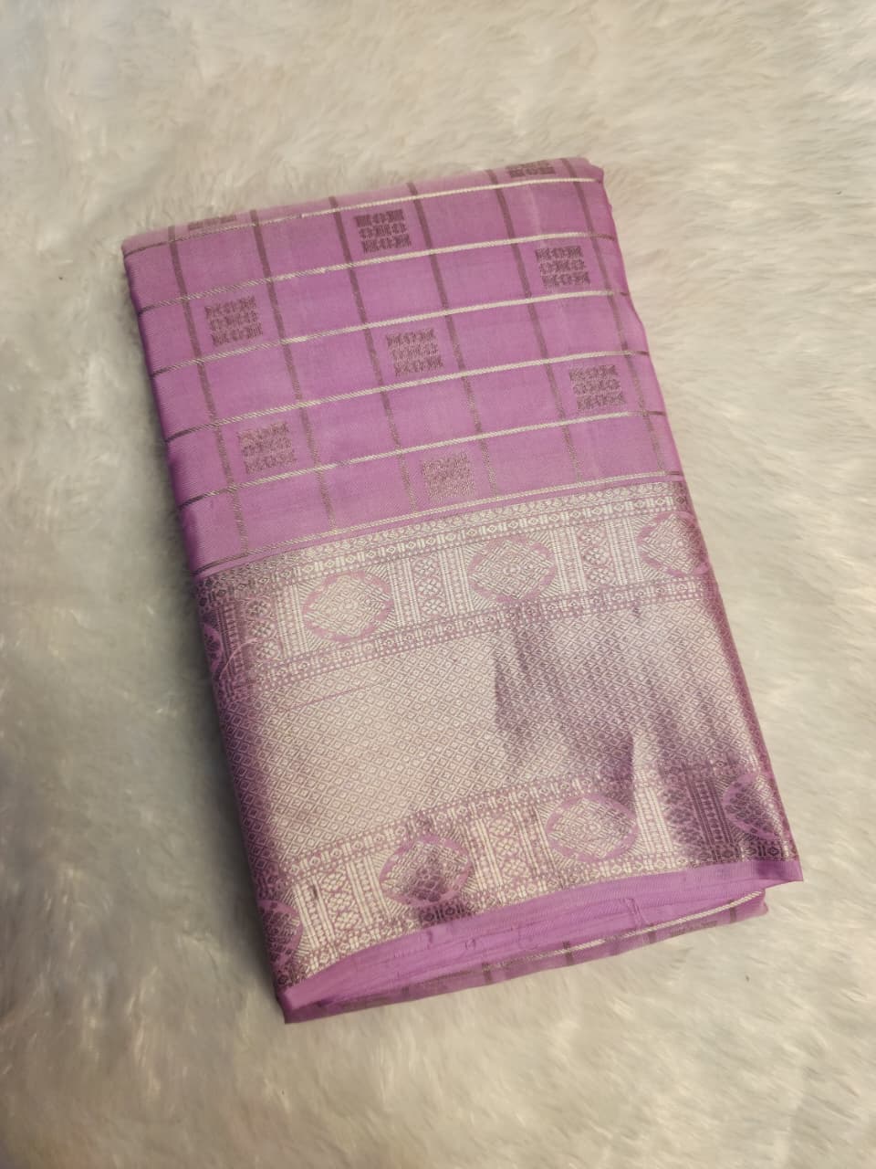 Lavender Kanchi Silk Saree with Silver Zari Checks & Border