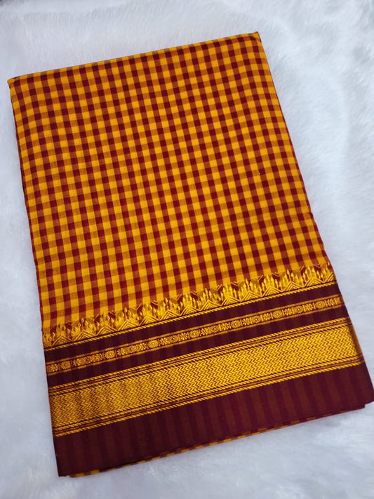 Mustard yellow and deep Maroon Ilkal mini Checks Saree with Rich Pallu