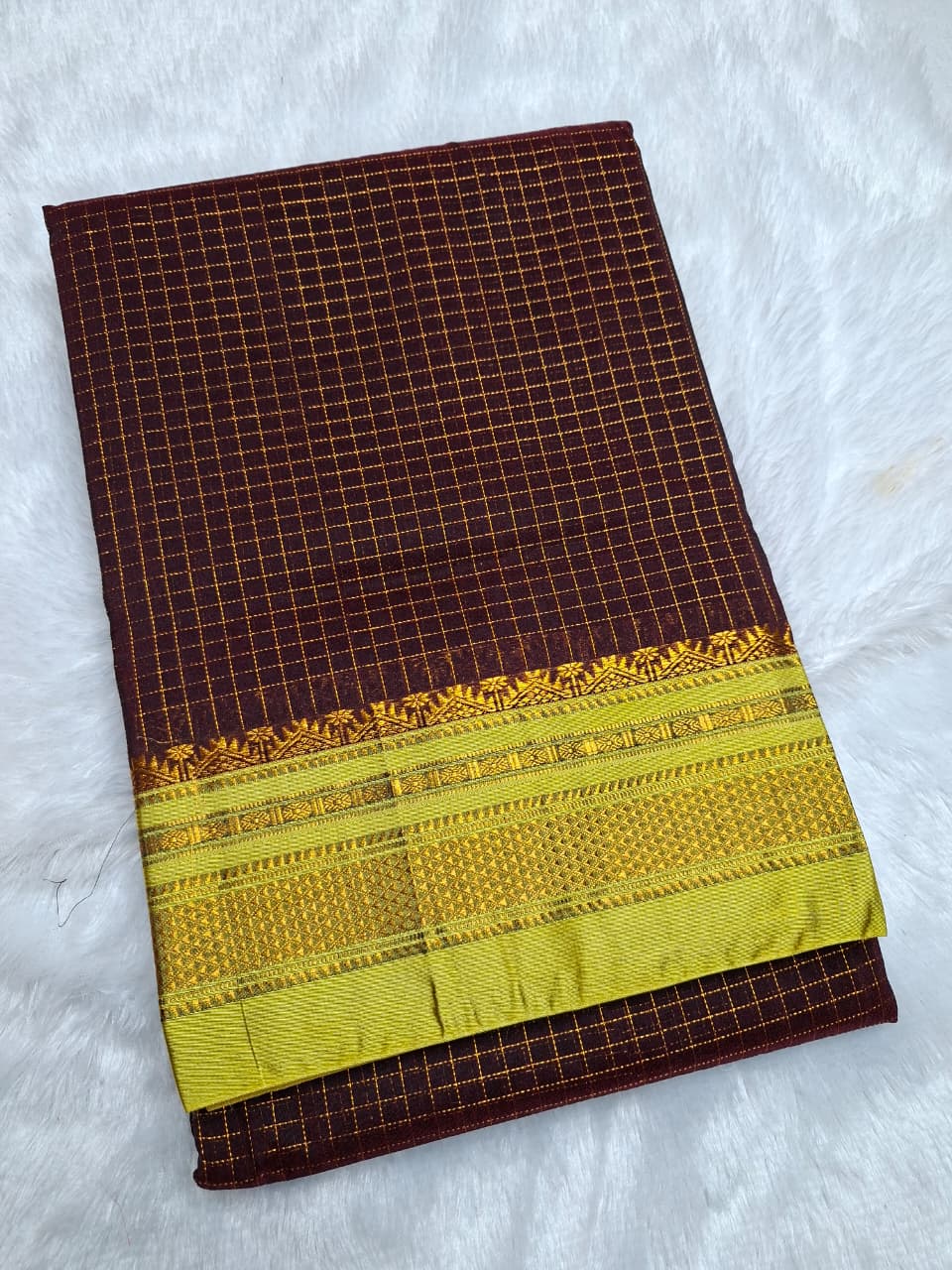 Deep Wine Mini Checks Ilkal Meera Saree with Lime Gold Zari Border