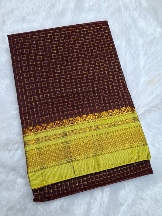 Deep Wine Mini Checks Ilkal Meera Saree with Lime Gold Zari Border