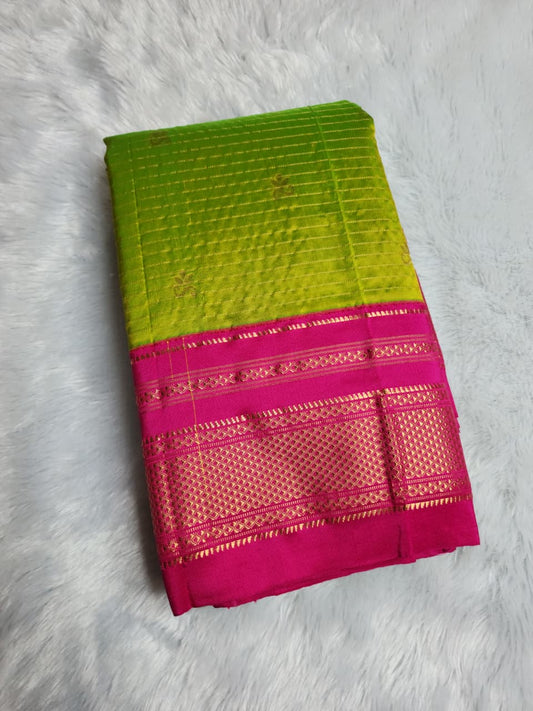 Pink Green Ilkal Silk Saree – small necklace lines butta