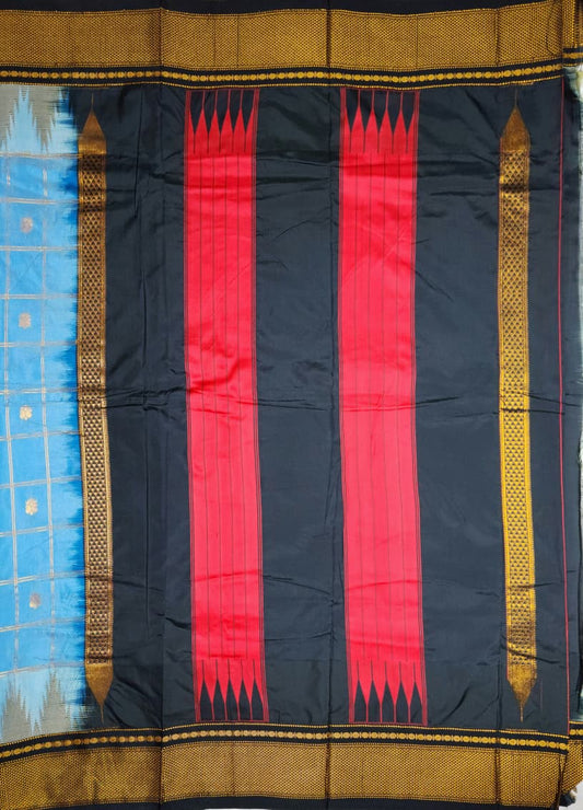 Sky Blue & Black Contrast Silk Saree