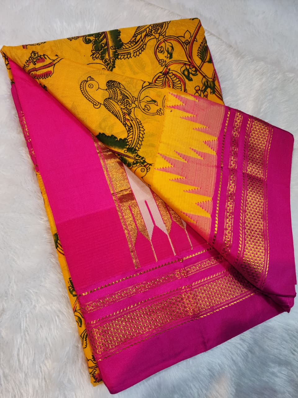 Mustard Yellow Kalamkari Cotton Saree with Pink Zari Border