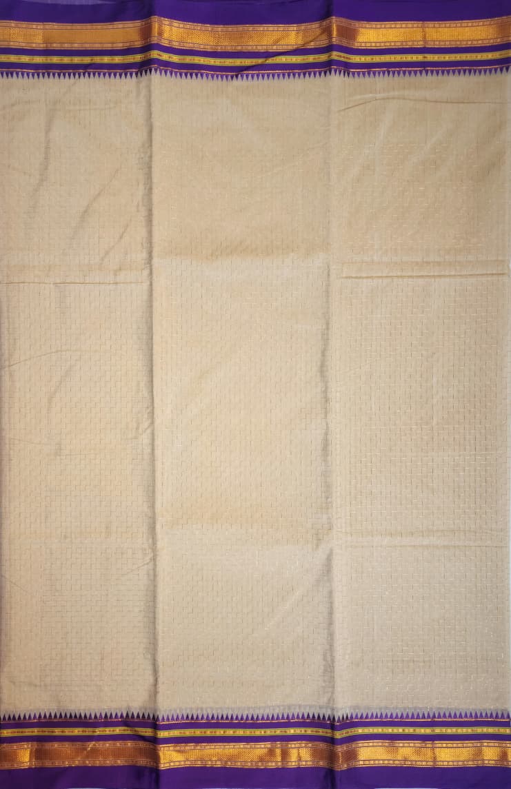 Beige Ilkal Zig-Zag Cotton Saree with Contrast Zari Border & Pallu