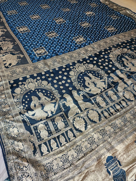 Midnight Blue Bandhani Print Saree with Royal Baraat Motif
