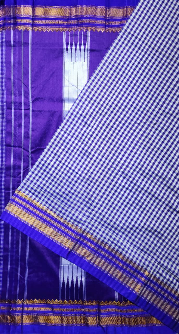 navy Blue & White Ilkal mini Checks Saree with Zari Border