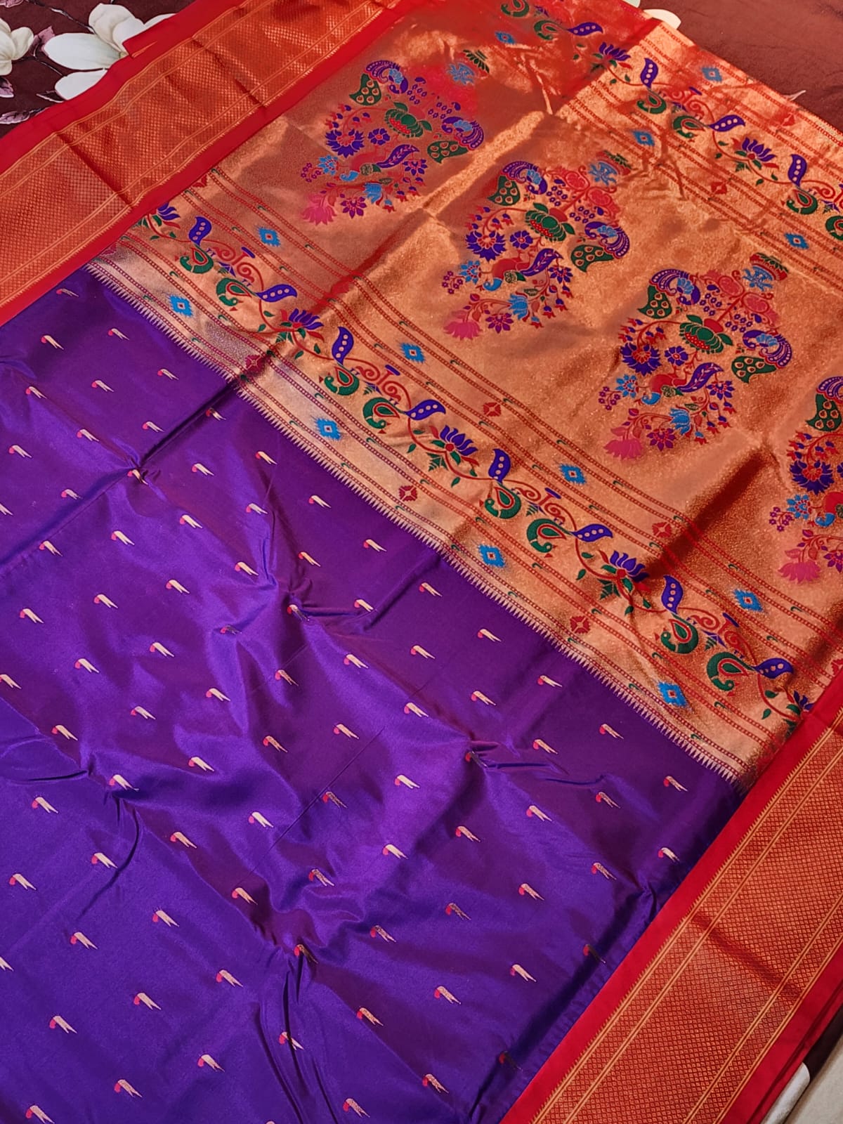Purple Paithani Saree with Red Kadiyal Border and muniya motif