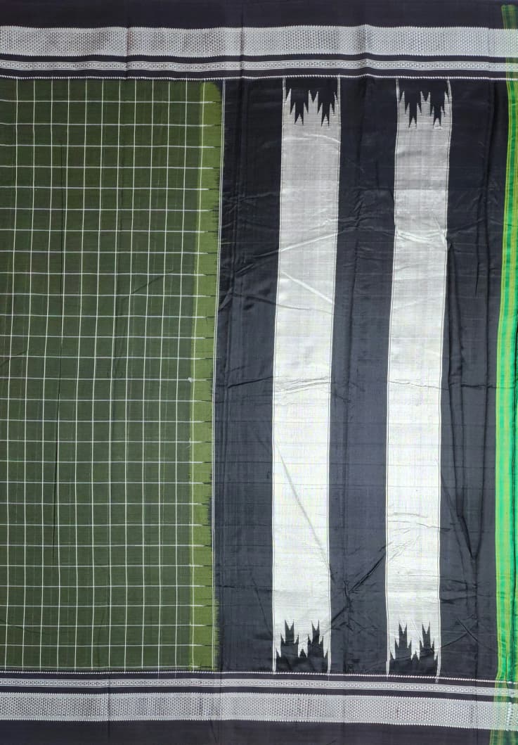 Olive Green Ilkal Cotton Handloom Checks Saree