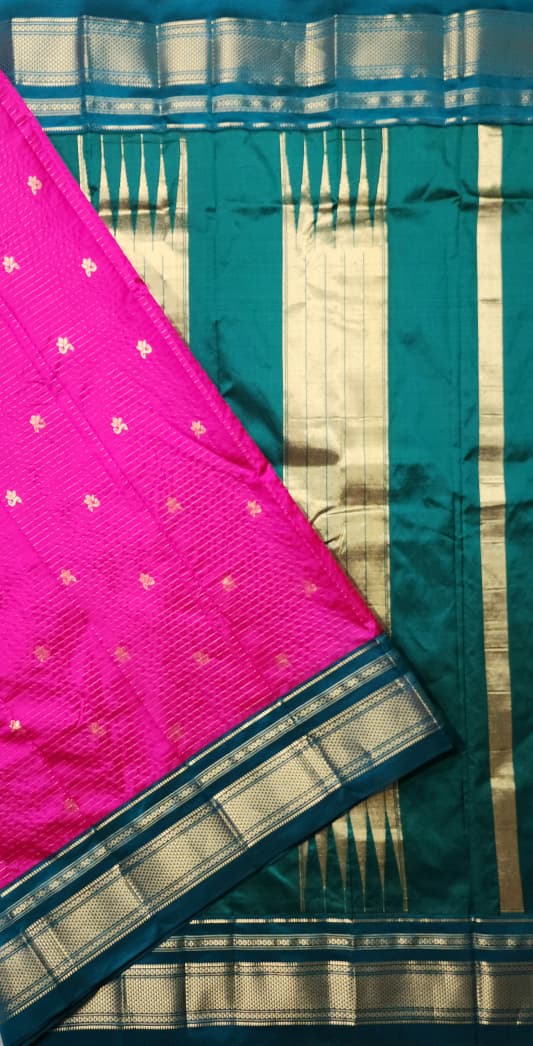 Rani Pink Gadwal Pure Ilkal Silk Saree with - Small Necklace Butta