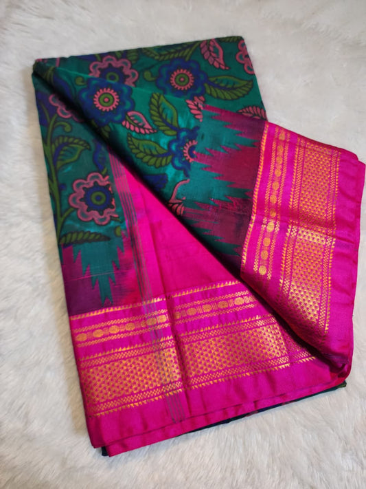 Rich Teal-Blue Ilkal–Kalamkari Floral print Fusion Saree