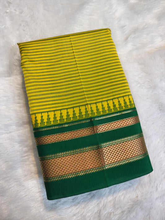 Lime Yellow Gadwal Pure Ilkal Silk Saree with Rapid Stripes