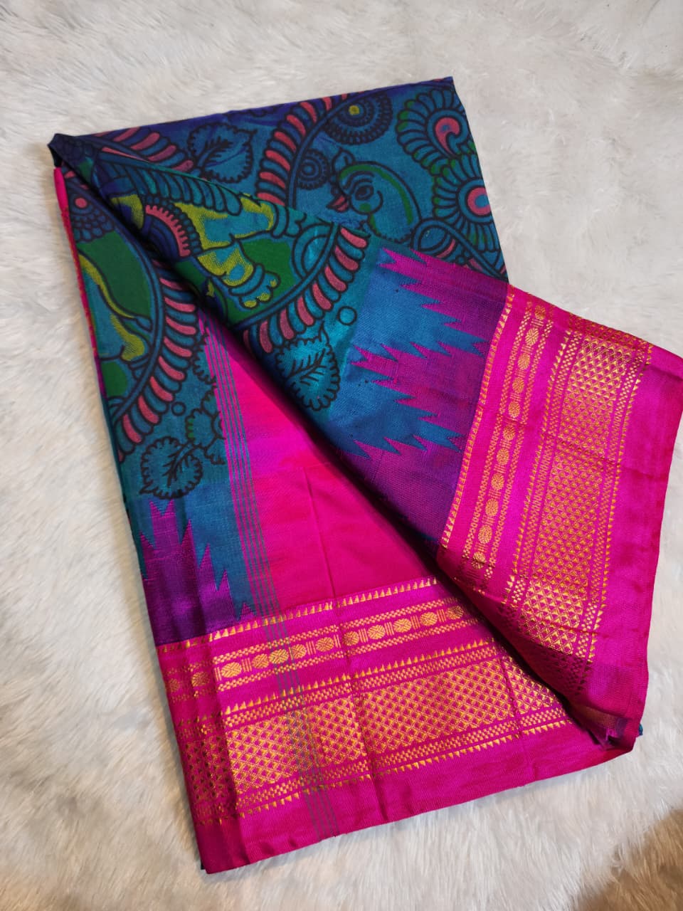 Rich Teal-Blue Ilkal–Kalamkari Floral print Fusion Saree