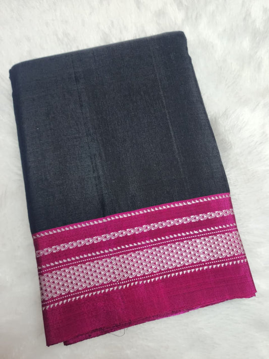 Black Ilkal Viscose Handloom Saree with Silk Pallu & chikki Paras Border