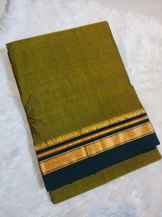 Olive Green Ilkal Plain Cotton Saree with Thode Paras Border & Silk Pallu