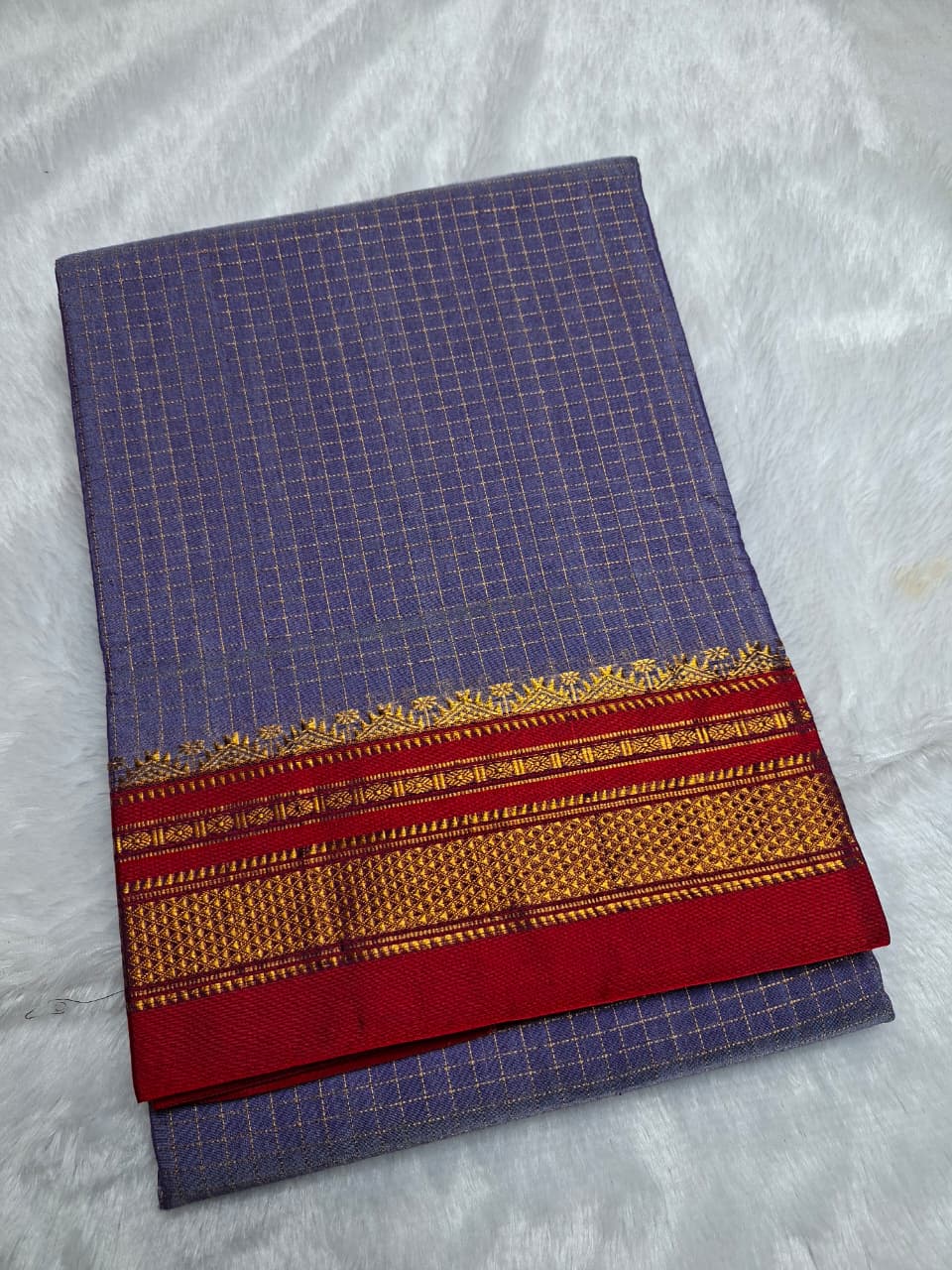 Lavender Grey Mini Checks Ilkal Meera Saree with Vermilion Red Border