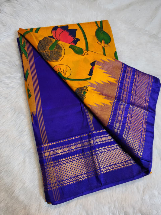 Vibrant Mustard Yellow Ilkal–Kalamkari Floral print Fusion Saree