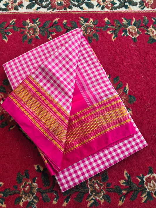 Classic pink & White Ilkal Mini Checks Saree