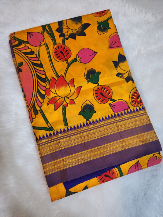 Yellow Ilkal–Kalamkari Lotus print Fusion Saree