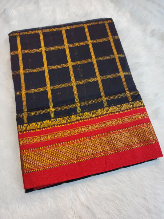 Elegant Black Big Jari Checks Ilkal Saree