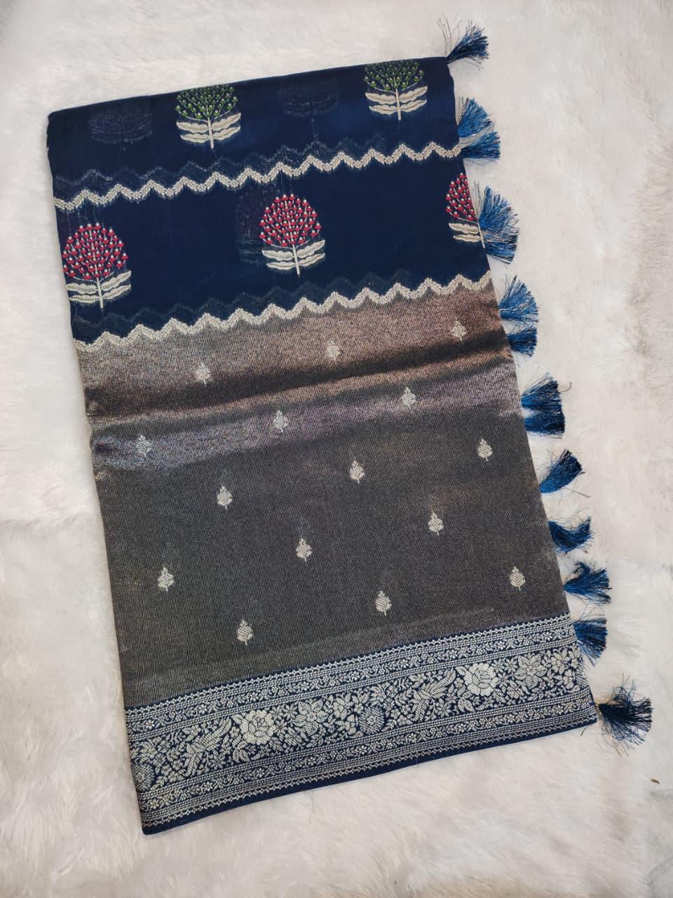 Deep Navy Blue Banarasi Silk Saree with Tree Motif & Floral Zari Border