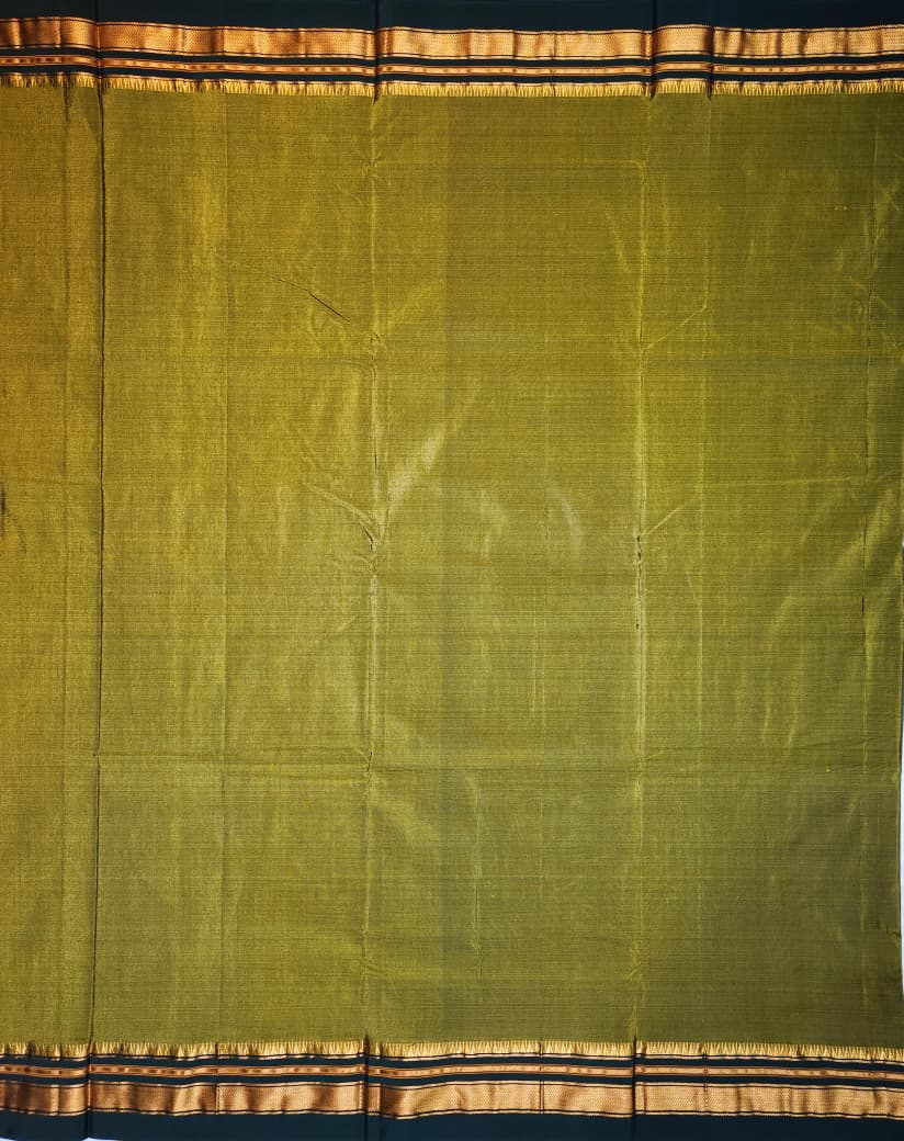 Olive Green Ilkal Plain Cotton Saree with Thode Paras Border & Silk Pallu
