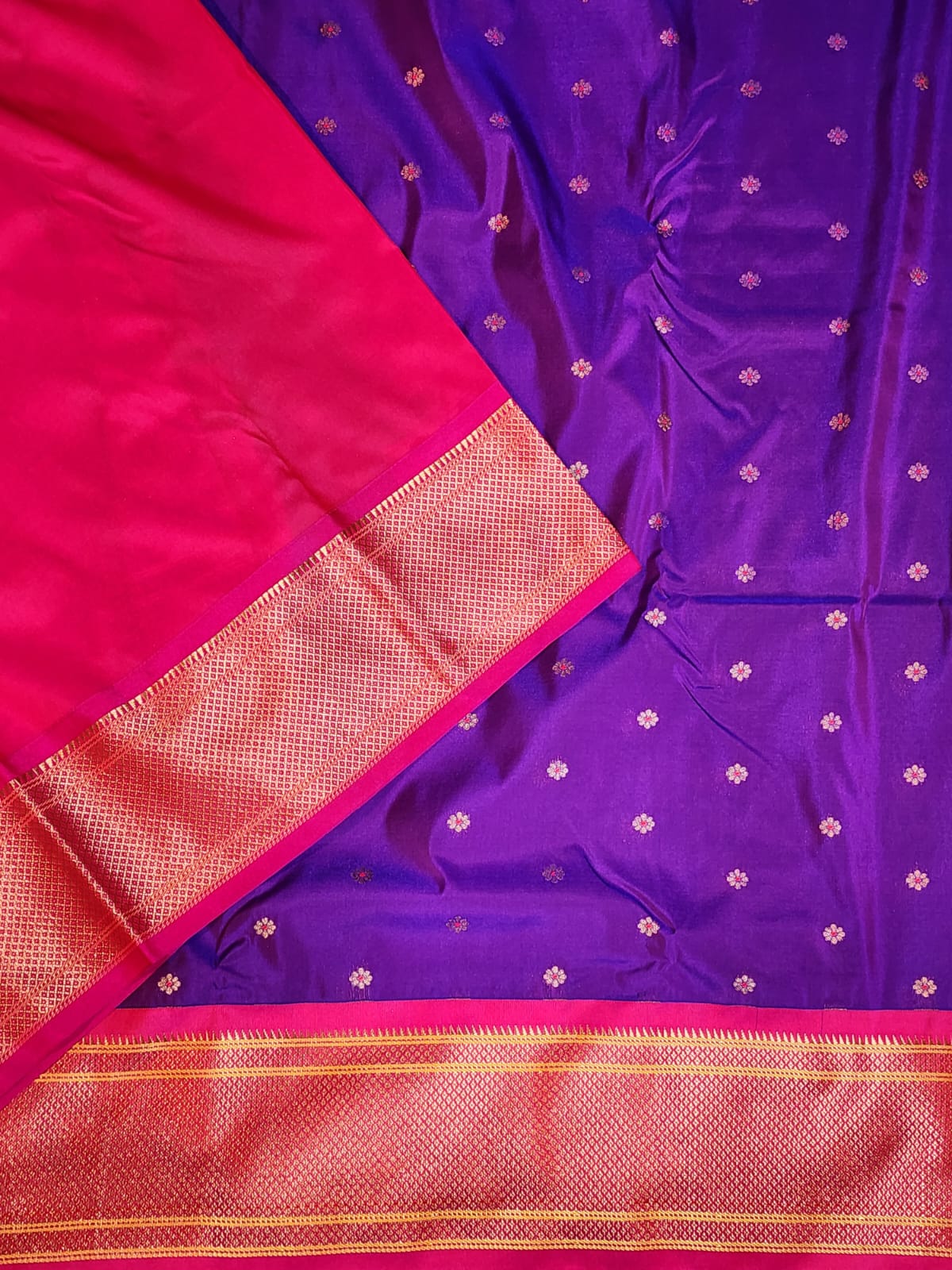 Royal Purple Paithani Saree with Red Kadiyal Zari Border & Floral Buttas