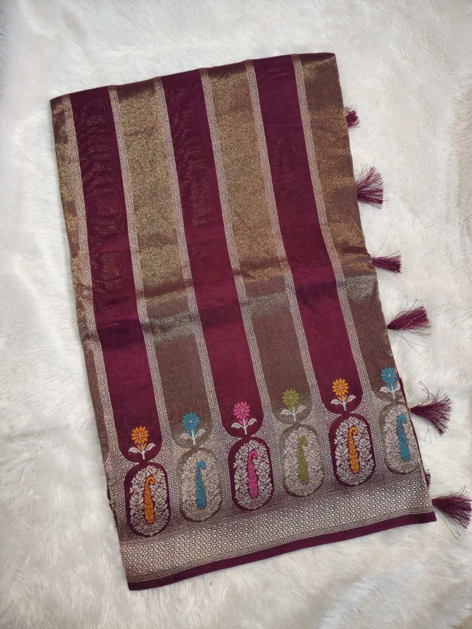 Maroon Banarasi Silk Saree with Antique Zari Stripes & Floral Motif Border