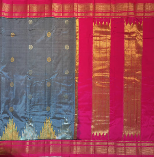 Steel Grey Gadwal Ilkal silk with Two-Colour Zari Temple Tower Border