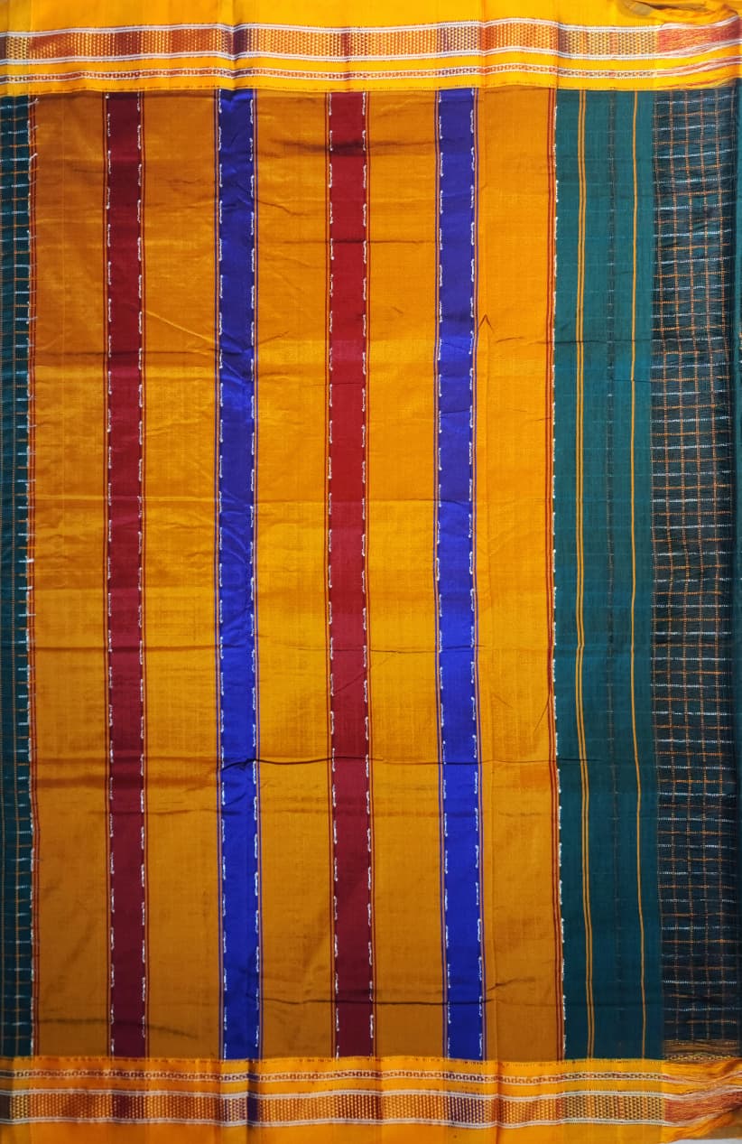 Deep Green Double Checks Ilkal Cotton Saree with Mustard Zari Border