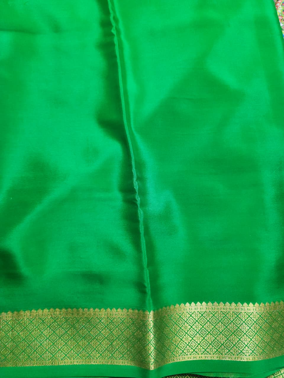 Mysore Silk Saree in Light Pink with Botanical & Peacock Print and Green Zari Border