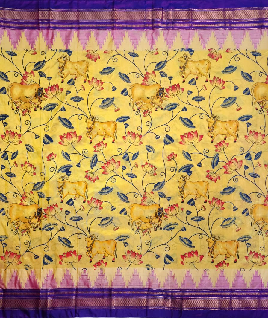 Warm Mustard-Yellow Ilkal–Kalamkari Floral print Fusion Saree