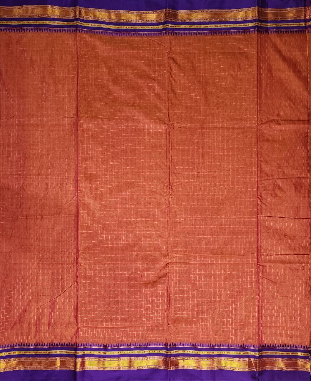 Rust Orange & Purple Ilkal Cotton Saree with Zig-Zag Jari