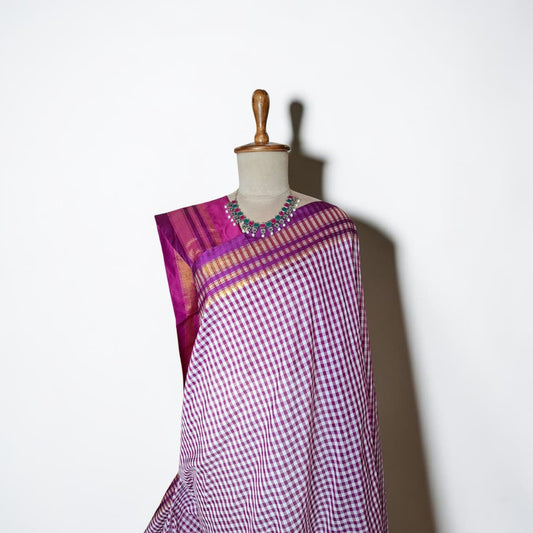 Purple & White Ilkal Mini Checks Saree