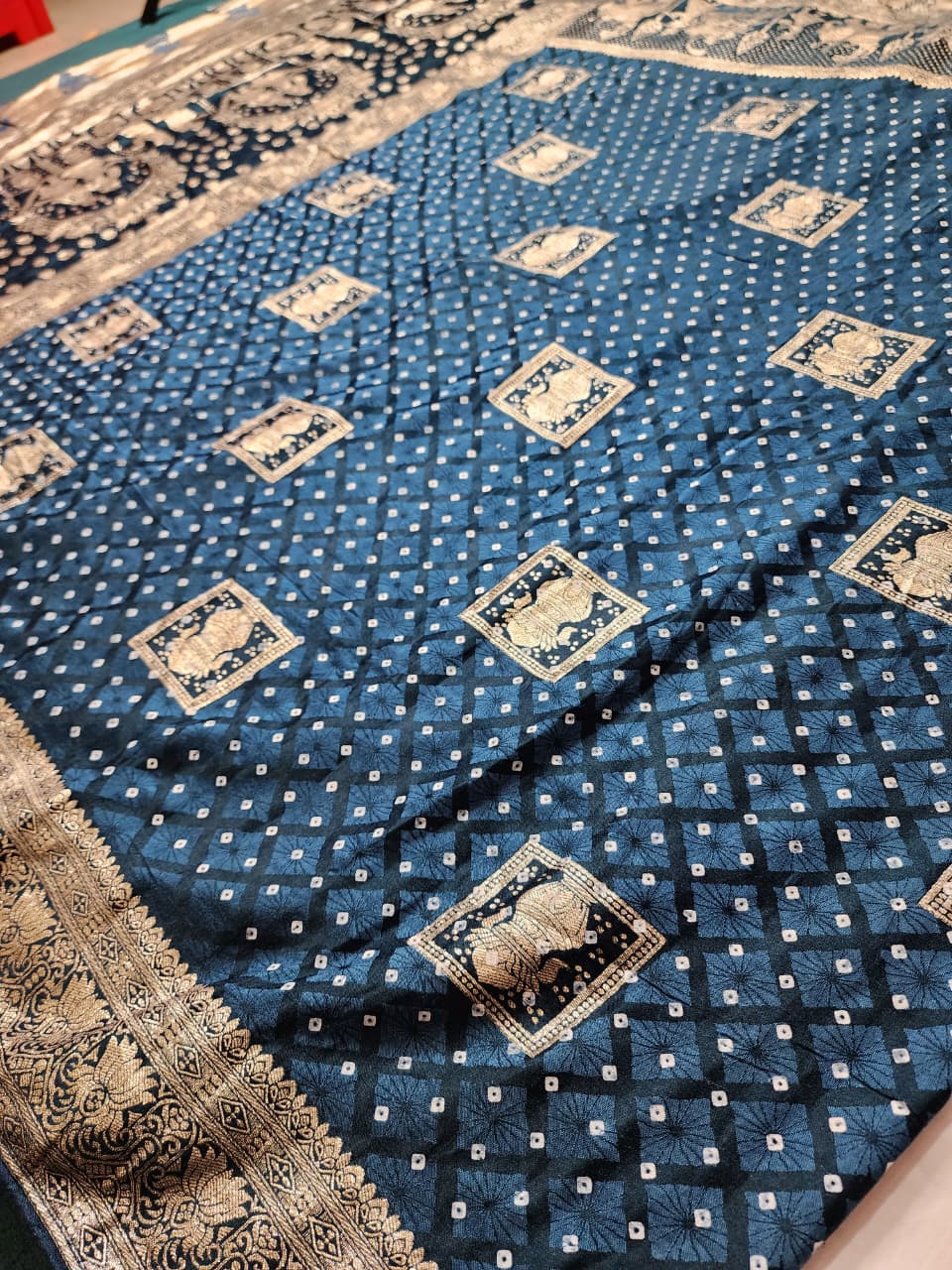 Midnight Blue Bandhani Print Saree with Royal Baraat Motif