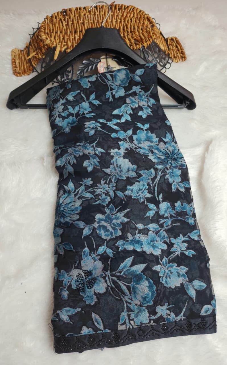 Midnight Blue Floral Printed Saree