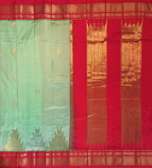 Pista-Green Gadwal Ilkal silk with Two-Colour Zari Temple Tower Border
