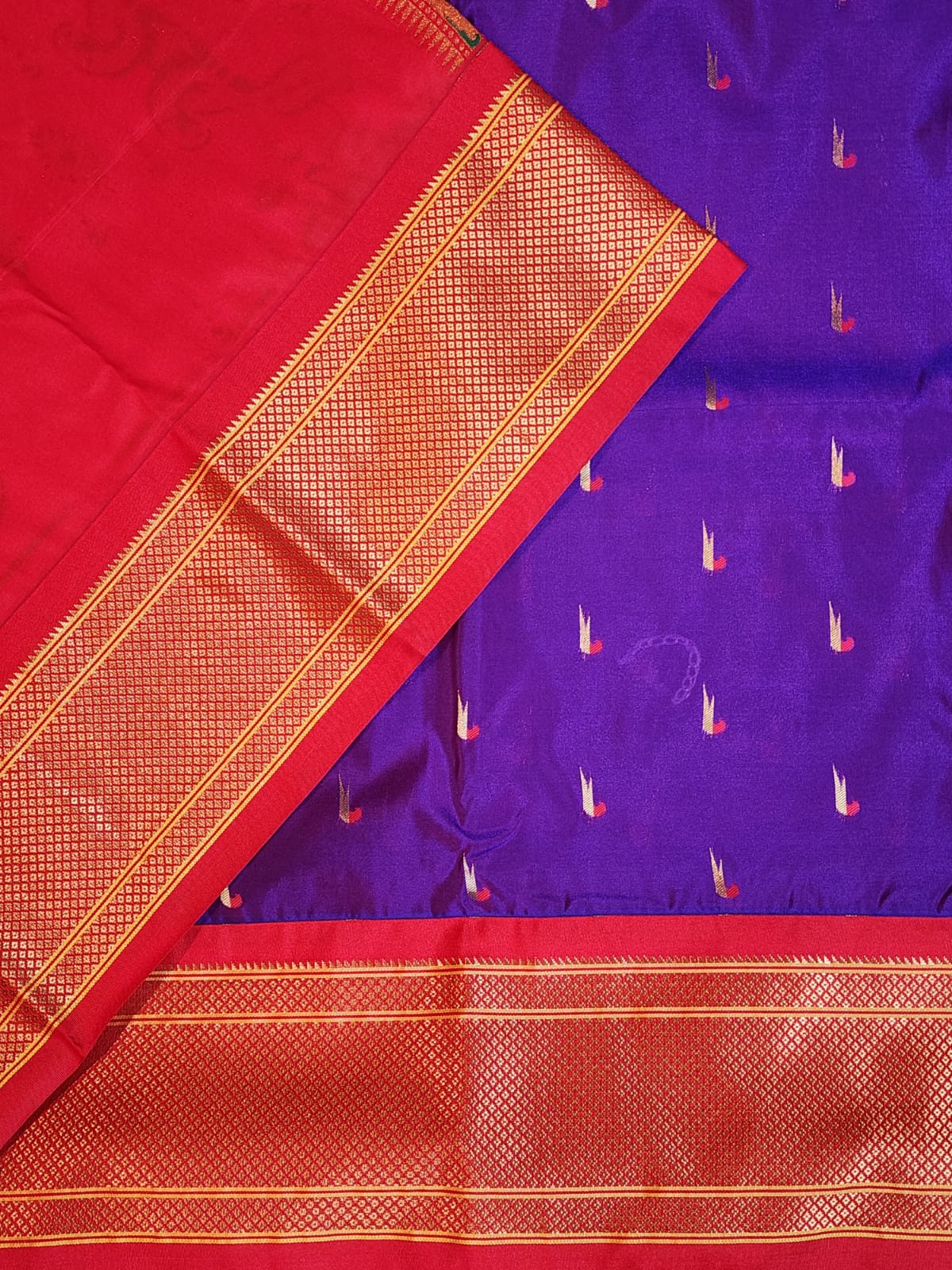 Purple Paithani Saree with Red Kadiyal Border and muniya motif