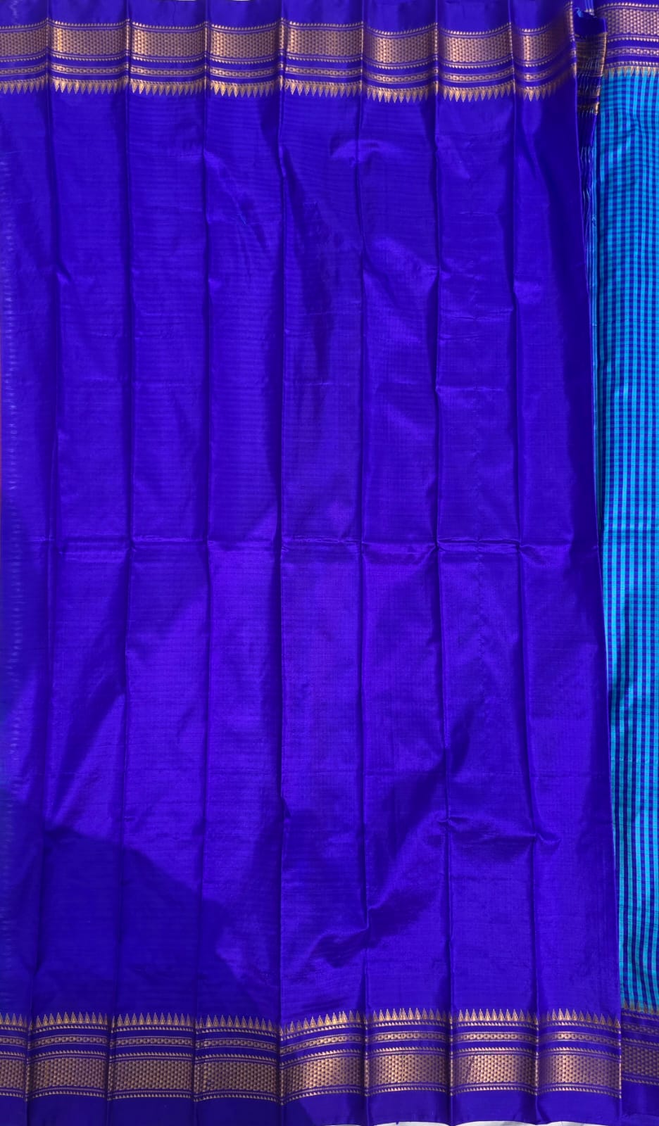 light blue Checks - dark blue Border Pure Ilkal Silk Saree