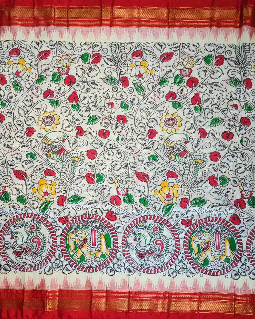 White Ilkal–Kalamkari Lotus print Fusion Saree