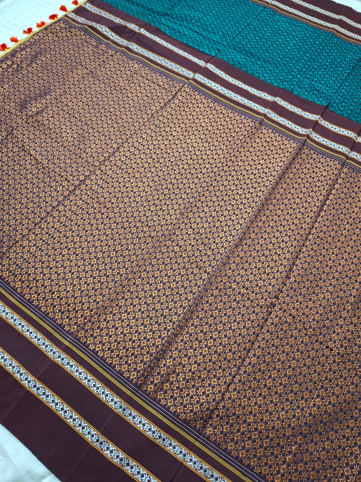 peacock blue brown Ilkal Khun 3D Saree