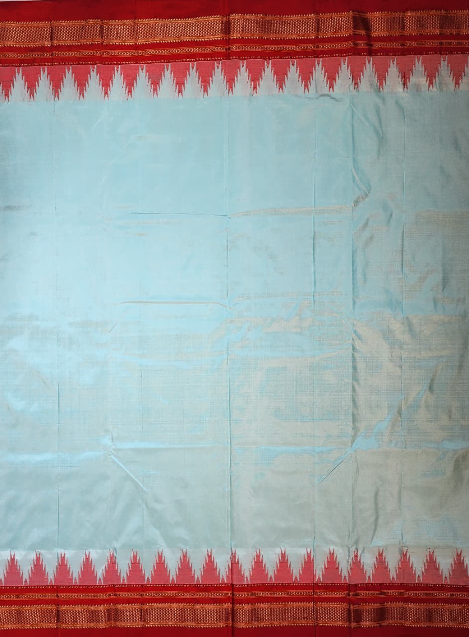 Aqua Blue Plain Ilkal Silk with Big Temple Border