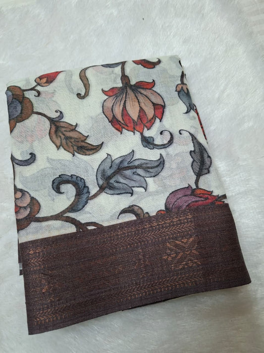 Off White & Brown Cotton- flower Kalamkari Saree