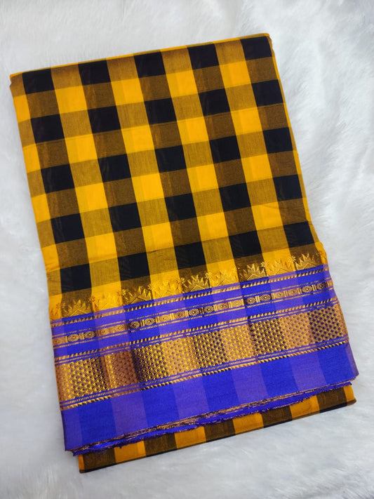 Mustard Yellow and Deep Black Ilkal Big Checks Saree with Rich Pallu