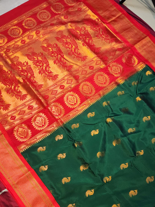 Majestic Green Paithani Saree with Rich Red Kadiyal Border