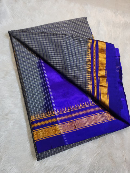 Grey Ilkal Checks Cotton Saree with Thode Paras Border & Silk Pallu